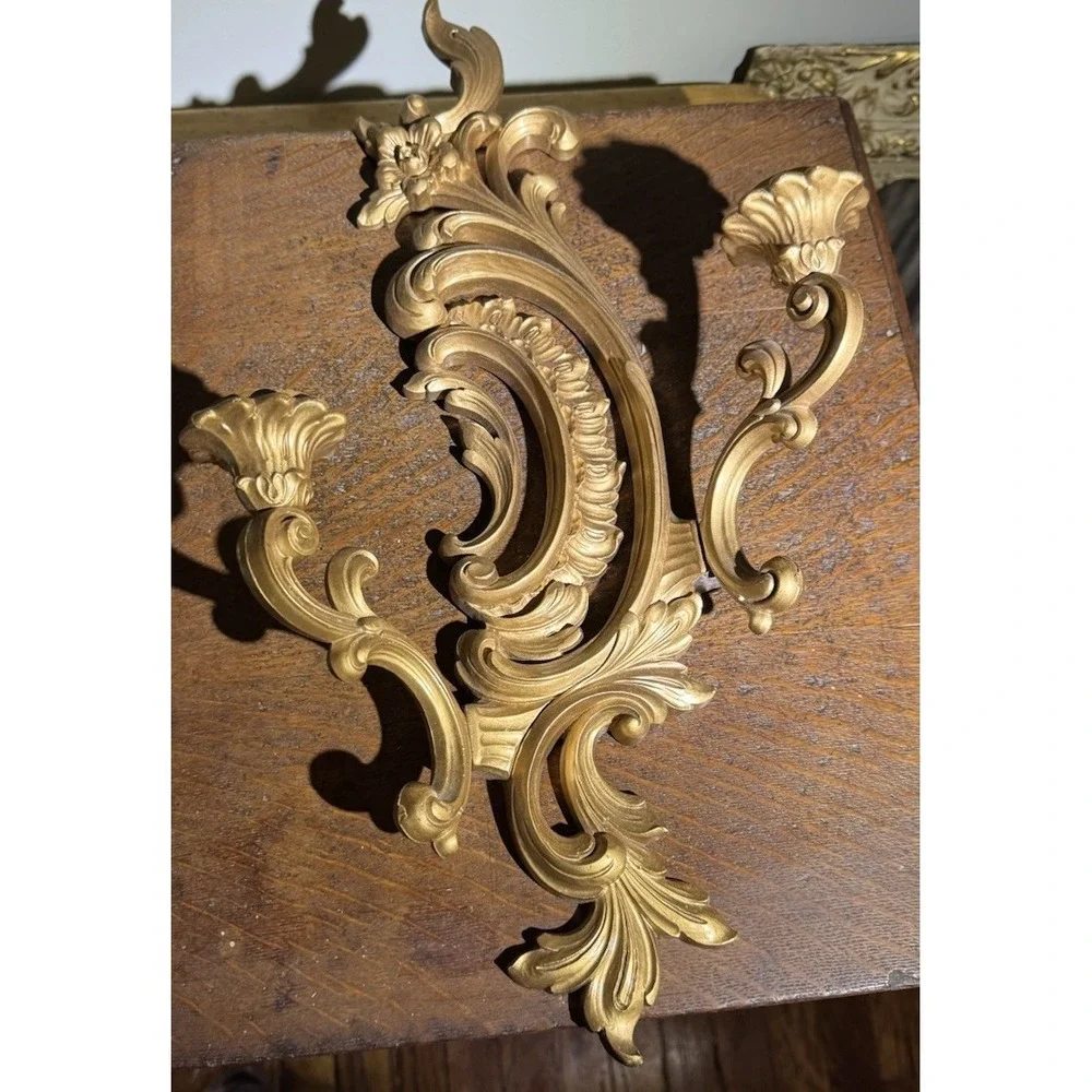 Vtg  1960 Syroco Hollywood Regency Gold Wall Sconces Double Candle Holders Pair